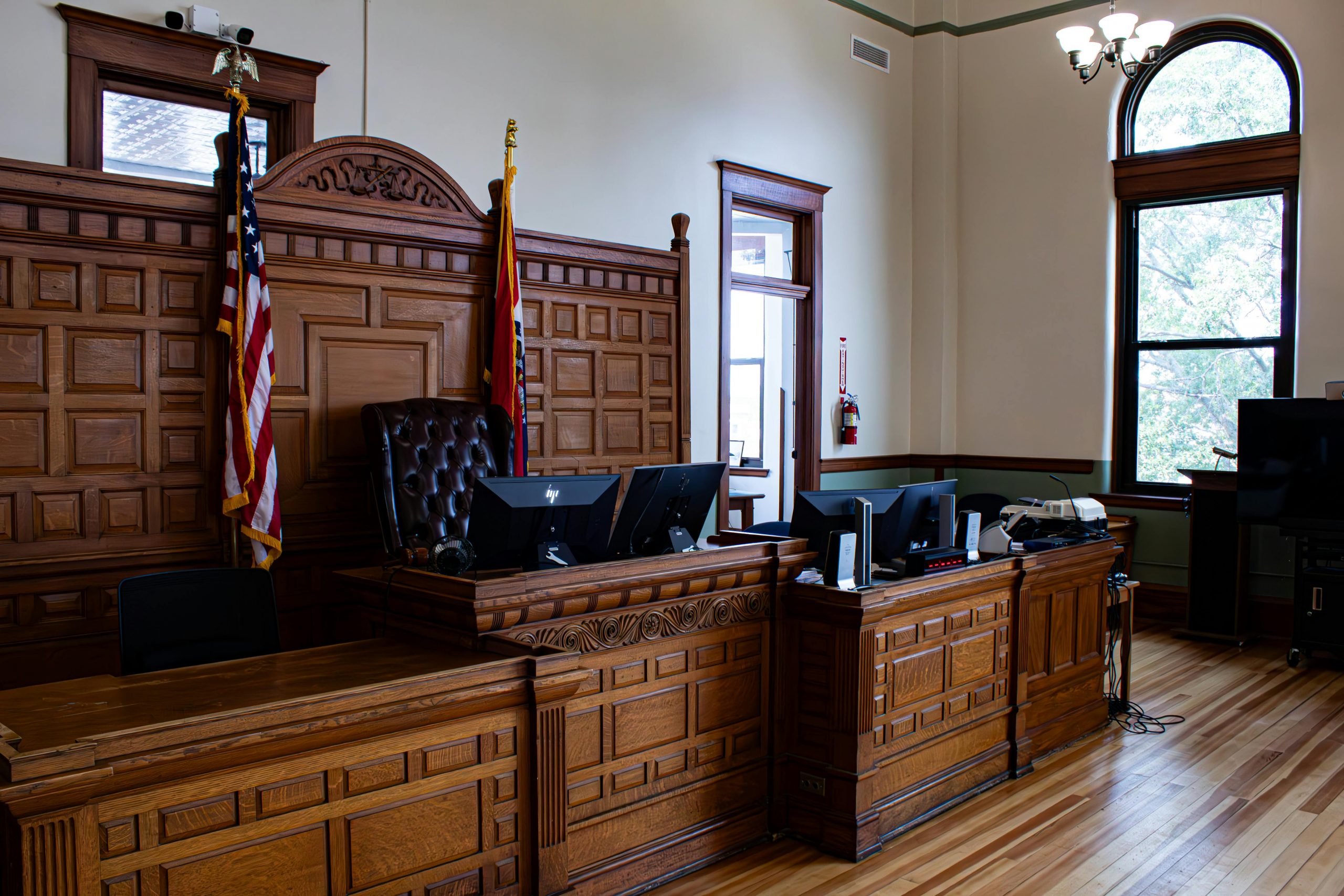 courtroom with an american flag