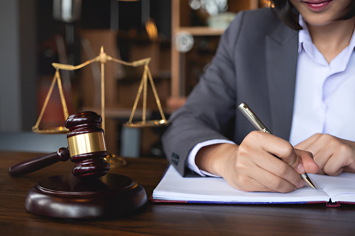 lawyer working at a desk with a balance scale and a gavel